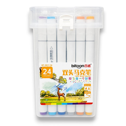 Bitoon Twin Brush Markers 24 Colors Set – Dual Tip Sketch Pens with Carry Case for Drawing & Coloring