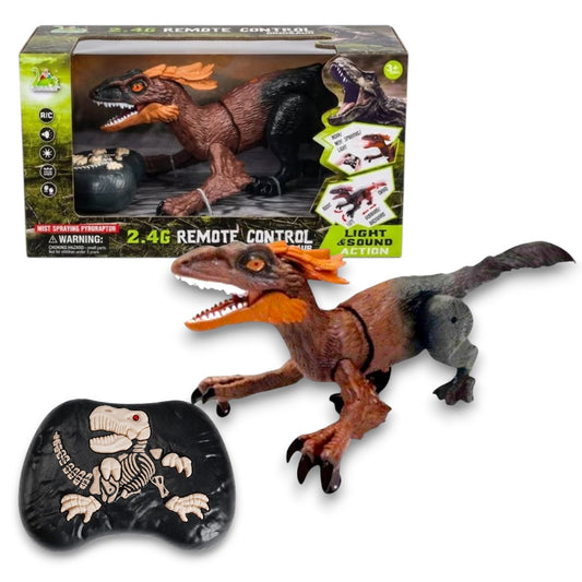 2.4GHz Remote Control Walking Dinosaur Toy with Mist Spray, LED Lights & Roaring Sound – RC Raptor Dinosaur for Kids