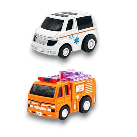 Joy Junction Mini Racer 1:64 Scale Pull Back Diecast Car Set – Ambulance & Fire Truck Toy for Kids & Collectors
