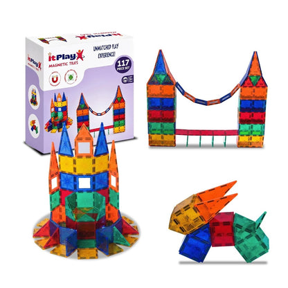 ItPlay Magnetic Tiles 117 Pieces Set for Kids | STEM Educational Building Blocks Construction Toy
