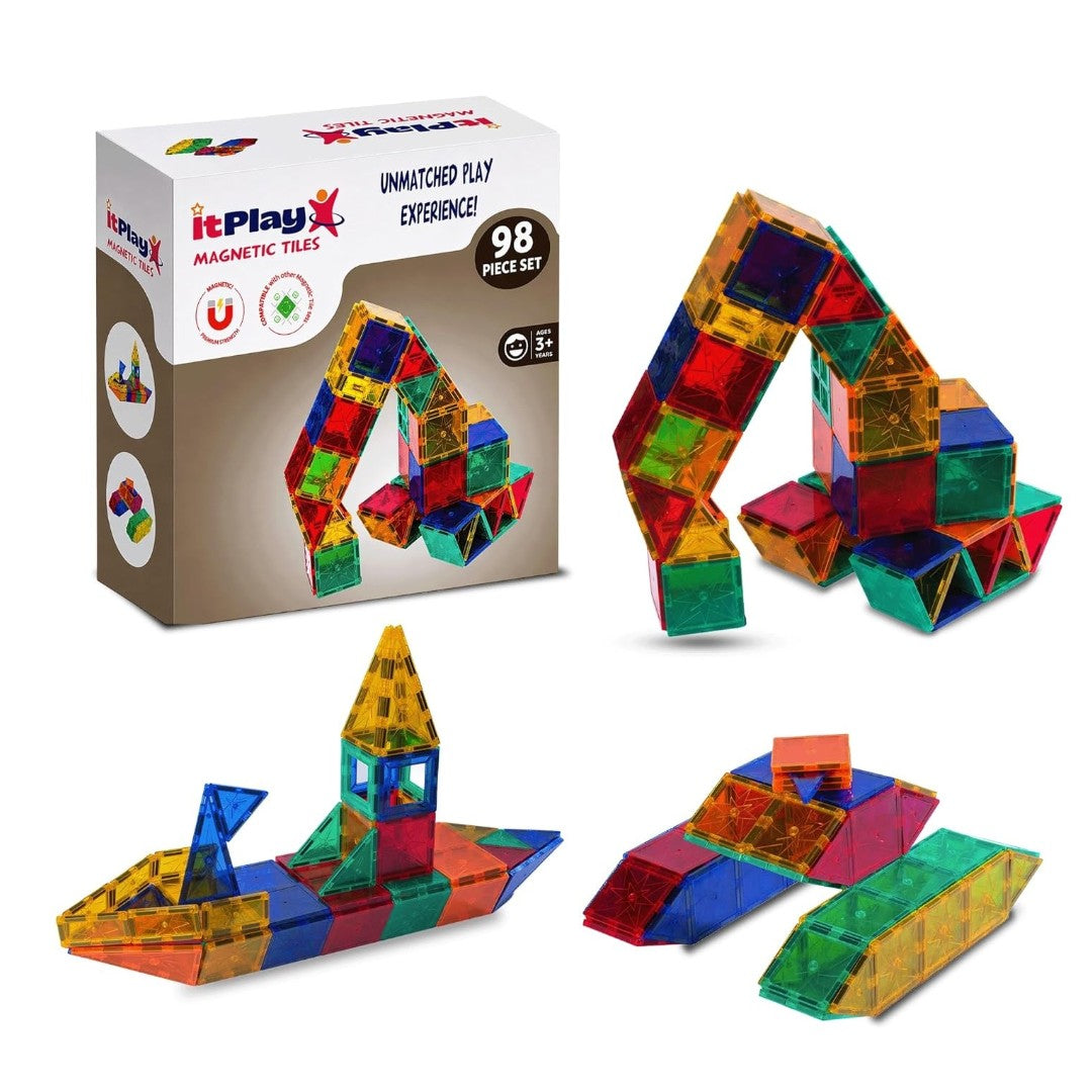 ItPlay Magnetic Tiles 98 Pieces Set for Kids | STEM Educational Magnetic Building Blocks Construction Toy