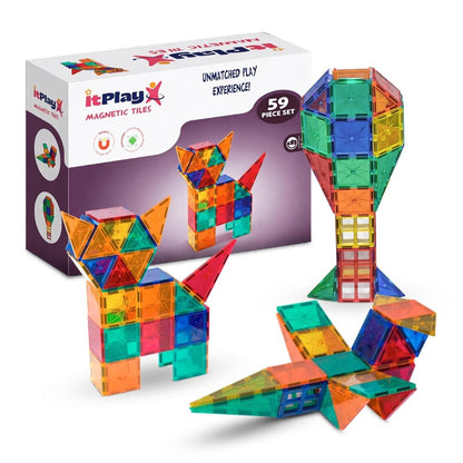 ItPlay Magnetic Tiles 59 Pieces Set for Kids | STEM Educational Magnetic Building Blocks Construction Toy