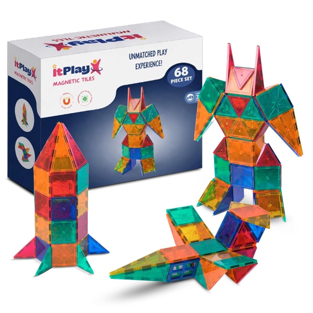 ItPlay Magnetic Tiles 68 Pieces Set for Kids | STEM Educational Magnetic Building Blocks Construction Toy