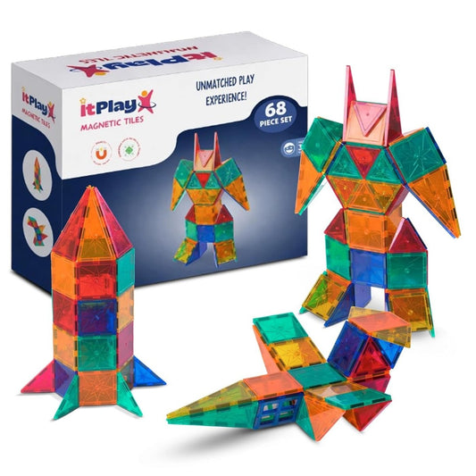 ItPlay Magnetic Tiles 68 Pieces Set for Kids | STEM Educational Magnetic Building Blocks Construction Toy