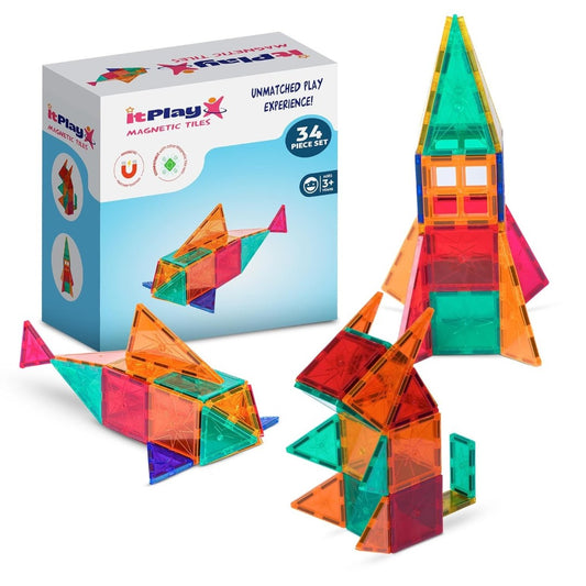 ItPlay Magnetic Tiles 34 Pieces Set for Kids | STEM Educational Magnetic Building Blocks Construction Toy