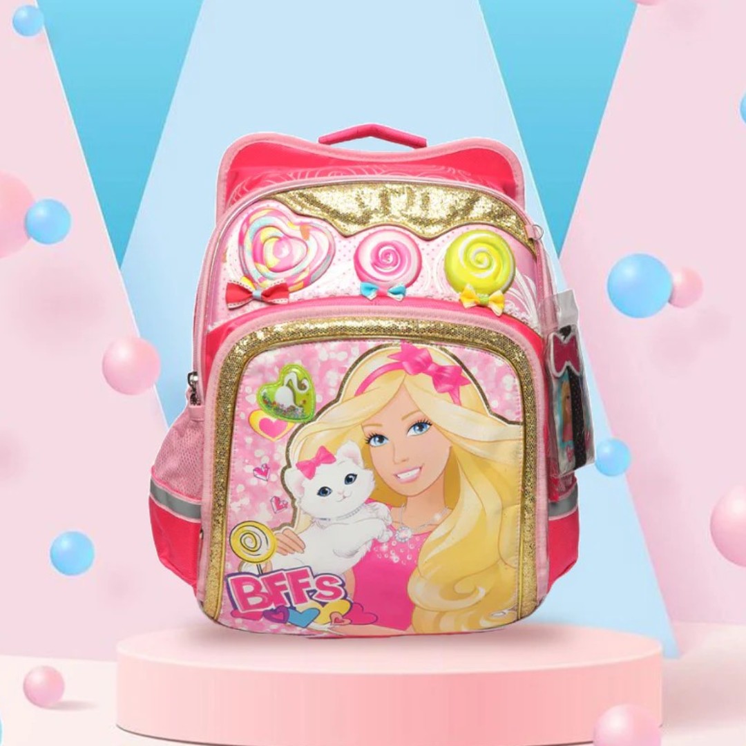 Barbie Girls School Backpack (40.5cm)| Pink Glitter Candy Theme School Bag with Multiple Compartments & Side Pockets