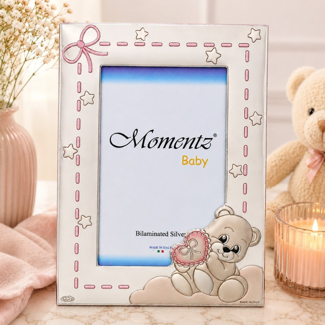 Momentz Baby Teddy Bear Silver Plated Photo Frame | Bilaminated Silver Baby Picture Frame for Nursery Décor & Baby Gifts