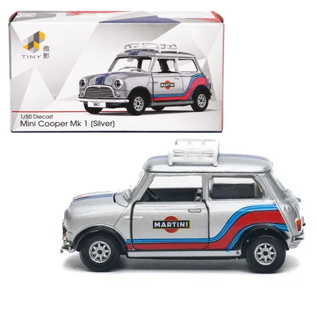 Tiny City 1:50 Mini Cooper Mk 1 Silver Diecast Model Car | MINI0023 Martini Edition Collectible