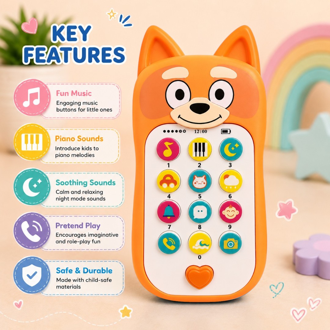 Cute Puppy Musical Toy Phone for Kids | Interactive Learning Mobile Phone with Lights, Sounds & Educational Buttons | Assorted Colours