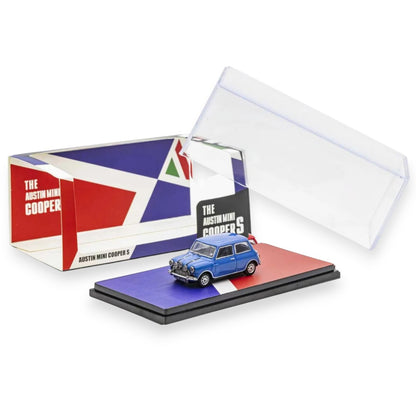 GCD Austin Mini Cooper S 1:64 Diecast Model Car | Classic Mini Collectible with Display Case | Blue, Red & White Variants