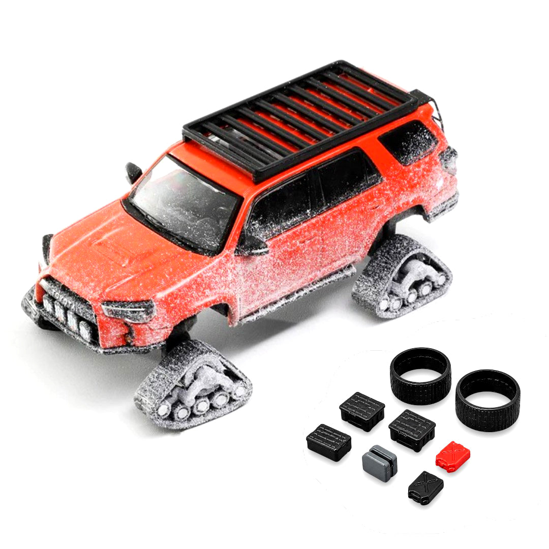 GCD 1:64 Toyota 4Runner Widebody Pre-Runner Snow Edition Red Diecast Model Car with Snow Tracks & Roof Rack
