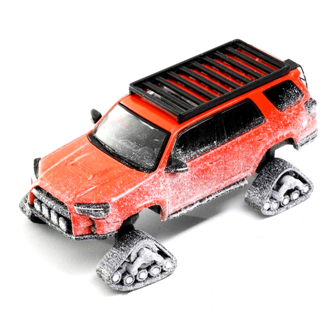 GCD 1:64 Toyota 4Runner Widebody Pre-Runner Snow Edition Red Diecast Model Car with Snow Tracks & Roof Rack