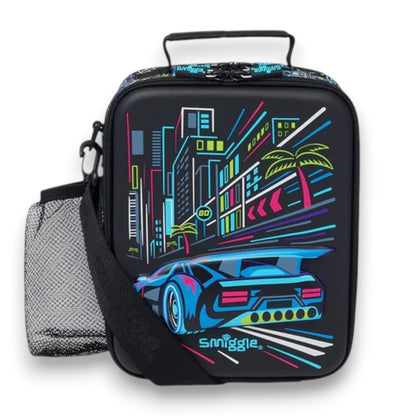 Smiggle Neon Racer Insulated Lunch Bag with Adjustable Shoulder Strap & Bottle Pocket – Black