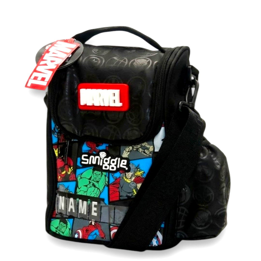 Smiggle Marvel Avengers Insulated Lunch Bag 11 Inch with Personalised Name Panel & Adjustable Shoulder Strap – Black