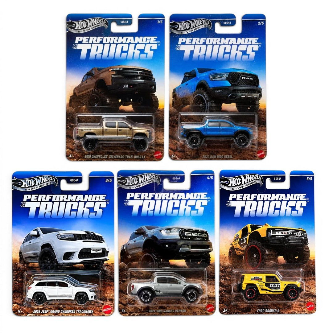 Hot Wheels Silver Series Performance Trucks Complete Set of 5 | Premium Die-Cast Pickup & SUV Collection | Mattel | 1:64 Scale