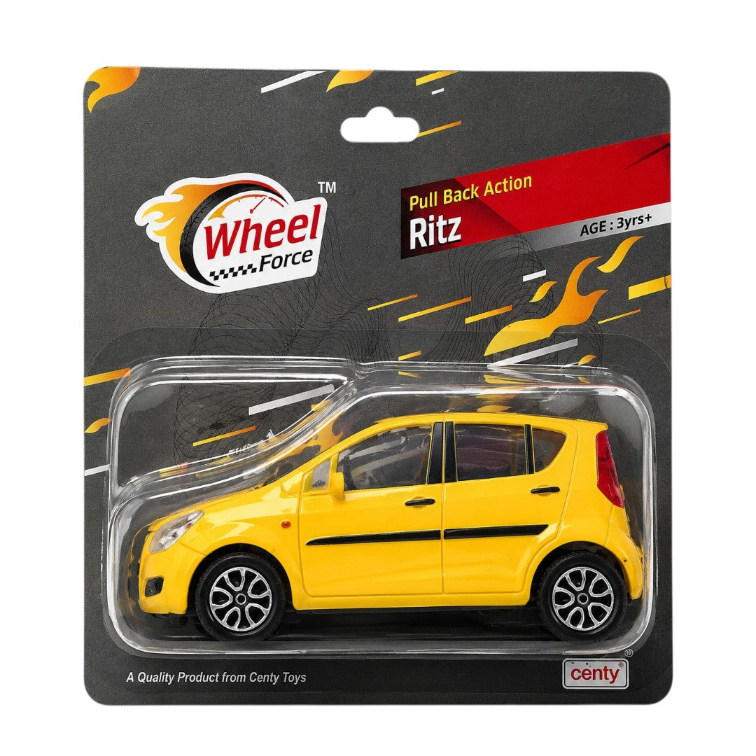 Centy Wheel Force Ritz Pull Back Action Toy Car Yellow | Friction Powered Mini Hatchback Model | Toy Vehicle for Kids Age 3+ | BGX