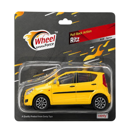 Centy Wheel Force Ritz Pull Back Action Toy Car Yellow | Friction Powered Mini Hatchback Model | Toy Vehicle for Kids Age 3+ | BGX