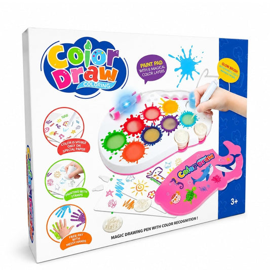 Color Draw Magic Drawing Coloring Set with Color Recognition Pen, 8 Color Paint Pad, Glow Brush & Stamps | Reusable Mess-Free Drawing Kit for Kids 3+