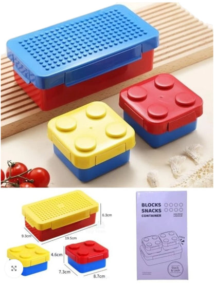 Kids 3-Piece DIY Pixel Art Lunch Box Set | 750ml Lunch Box + 2 x 165ml Snack Boxes | Building Block Bento Lunch Box for School