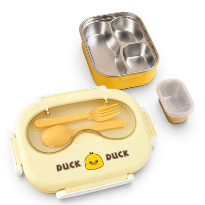 Kids Stainless Steel Lunch Box with 3 Compartments & Sauce Container | 800ml + 100ml Saucer | School Bento Lunch Box with Spoon & Fork