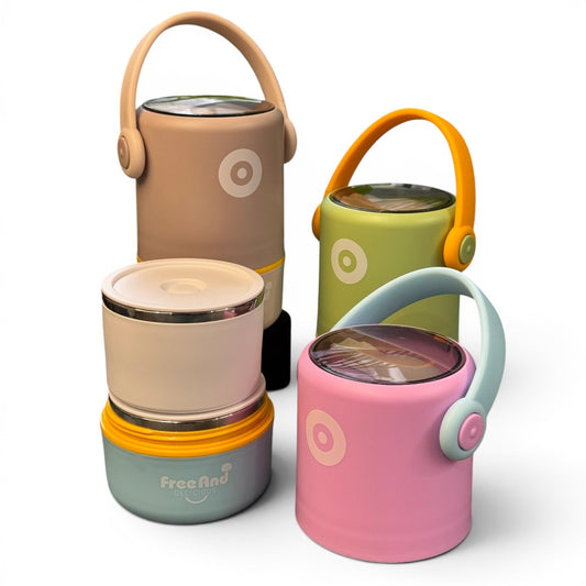 Double Layer Stainless Steel Lunch Pot 580ml with Foldable Spoon | 2 x 290ml Insulated Food Container for School, Office & Travel