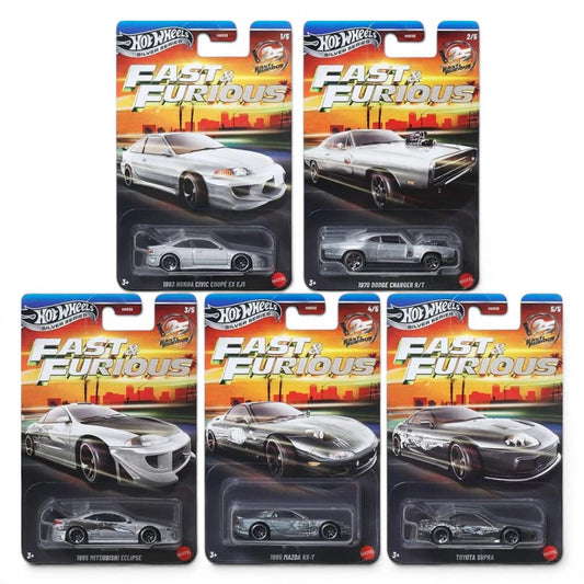 Hot Wheels 1:64 Premium Fast & Furious Silver Series Die-Cast Car Set of 5 | Honda Civic EJ1 EX, Dodge Charger R/T, Mitsubishi Eclipse, Mazda RX-7 & Toyota Supra