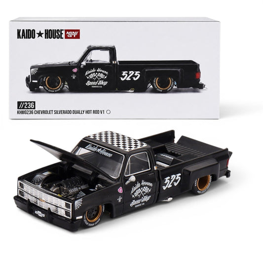 Kaido House x MINI GT 1:64 Chevrolet Silverado Dually Hot Rod V1 Black Diecast Pickup Truck | KHMG236 | Collector Box