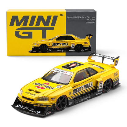 MINI GT 1:64 Nissan LB-ER34 Super Silhouette Skyline Sport Yellow Diecast Model Car | MGT1182 | Collector Box
