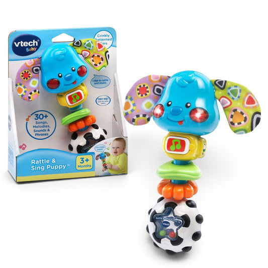VTech Baby Rattle & Sing Puppy | Musical Light-Up Baby Rattle with Songs, Sounds & Sensory Textures | Infant Toy for 3+ Months