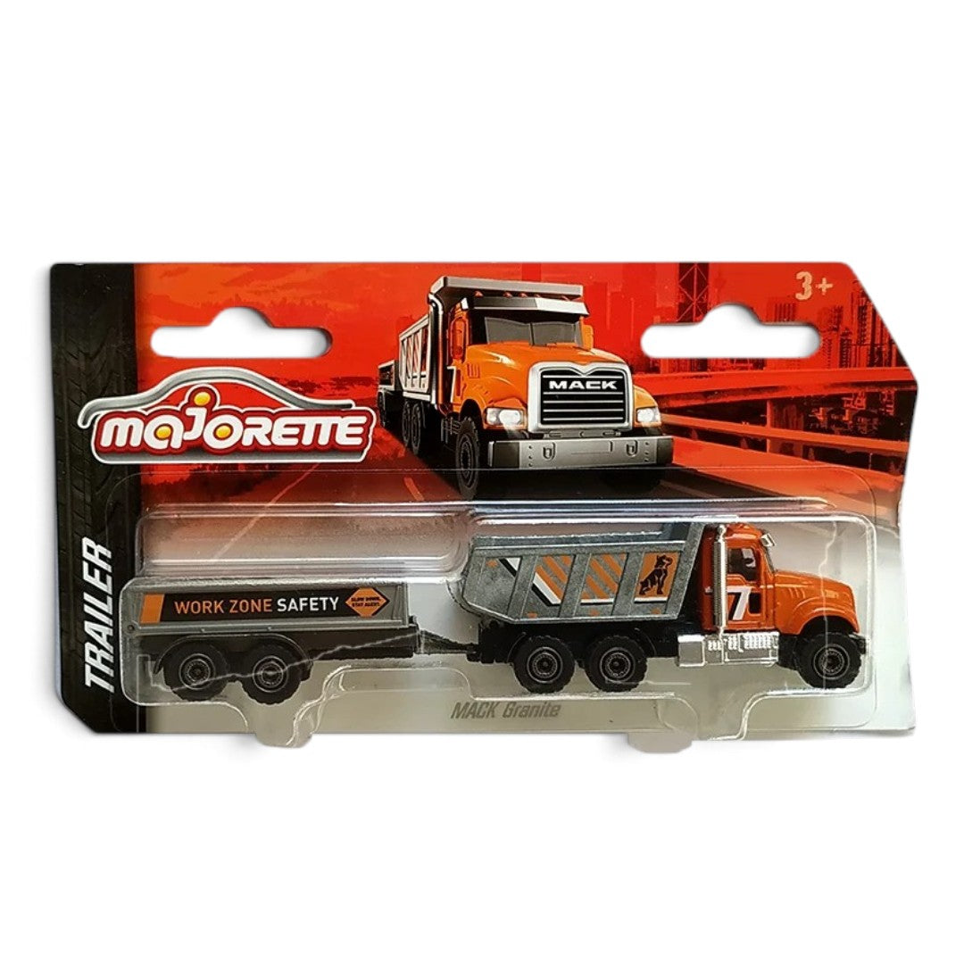 Majorette Mack Granite Dump Truck with Safety Trailer | Die-Cast Construction Vehicle Set | Collectible Toy Truck for Kids 3+