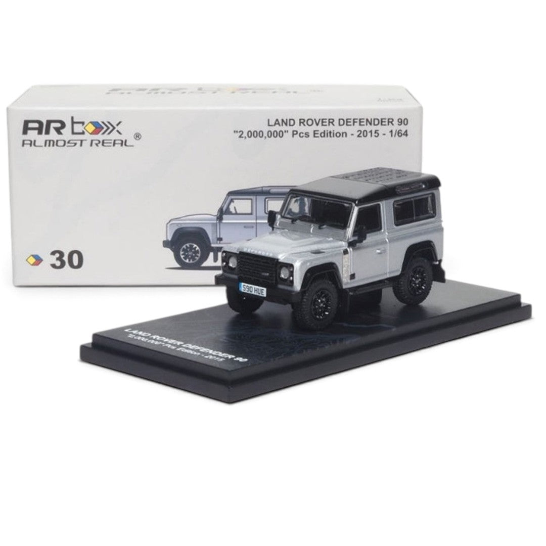 Almost Real 1:64 Land Rover Defender 90 “2,000,000th” Pcs Edition 2015 Silver Die-Cast Scale Model SUV with Display Base