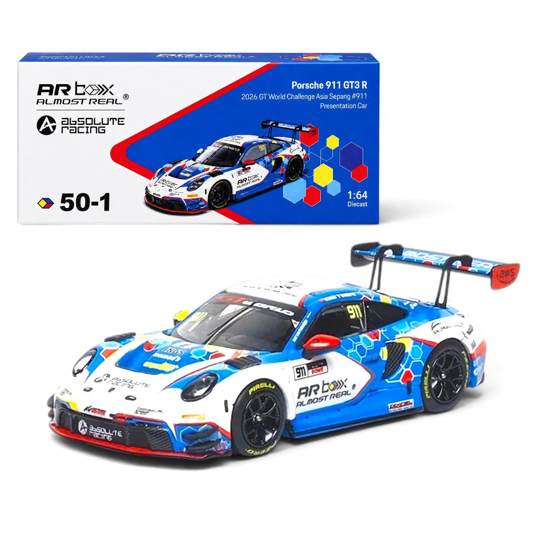 Almost Real 1:64 Porsche 911 GT3 R #911 Absolute Racing 2026 GT World Challenge Asia Sepang Presentation Car Die-Cast Model with Display Base