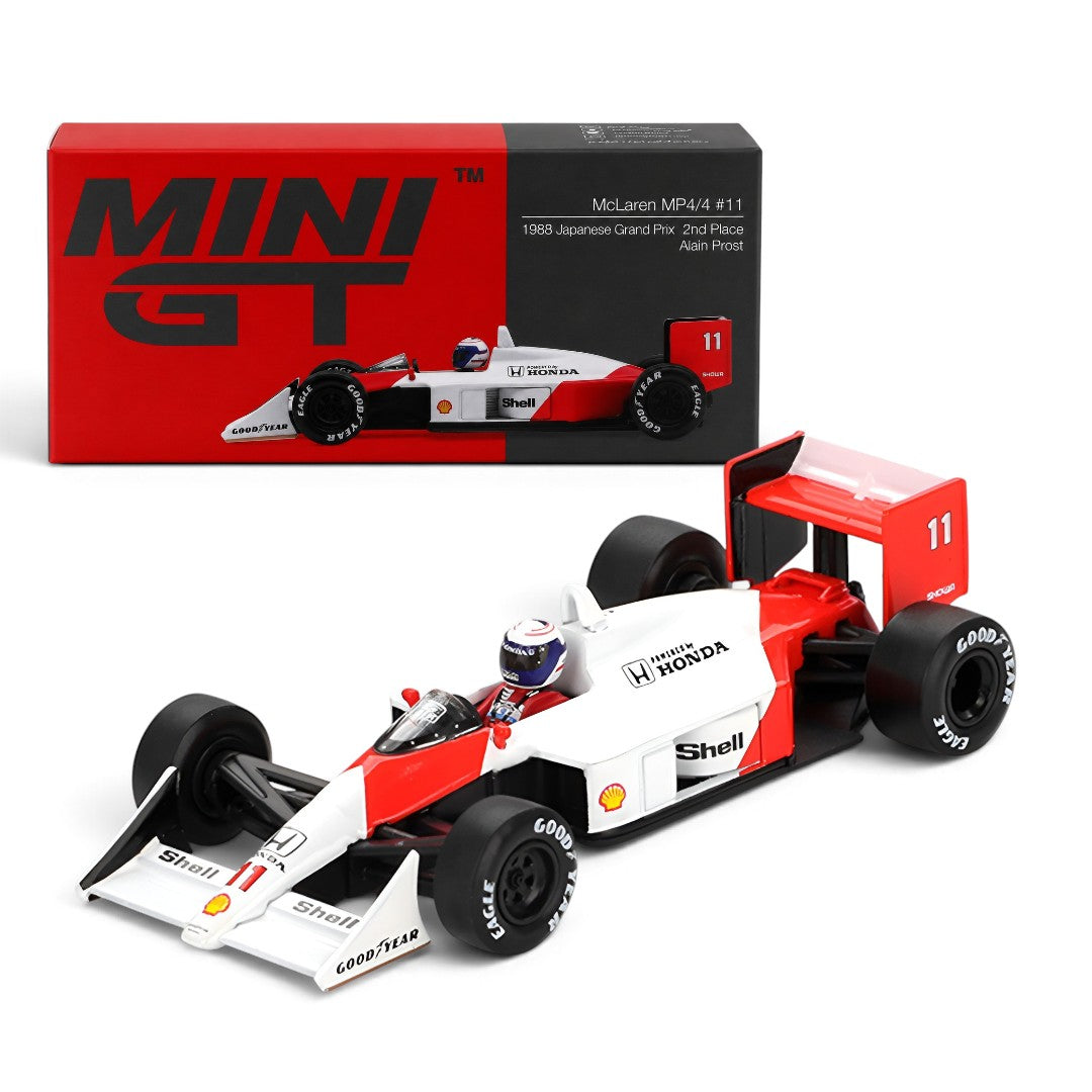 MINI GT 1:64 McLaren MP4/4 #11 Alain Prost 1988 Japanese Grand Prix 2nd Place F1 Die-Cast Model Car