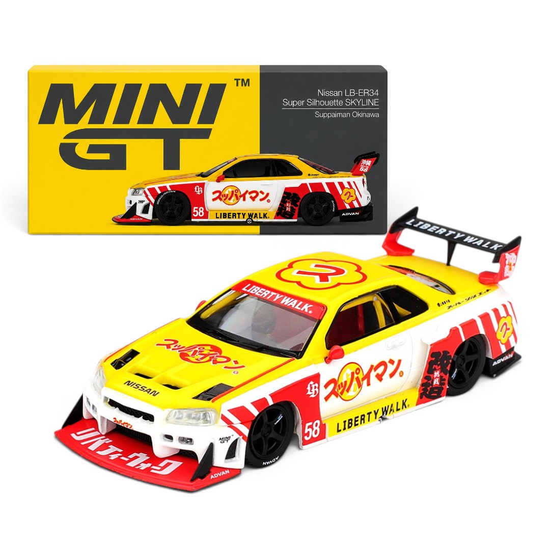 MINI GT 1:64 Nissan LB-ER34 Super Silhouette Skyline Suppaiman Okinawa #58 Liberty Walk Die-Cast Model Car