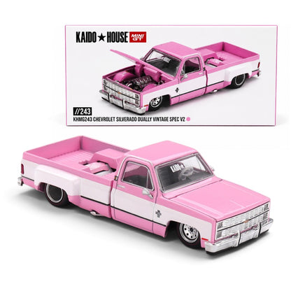 Kaido House x MINI GT 1:64 Chevrolet Silverado Dually Vintage Spec V2 Pink Die-Cast Pickup Truck