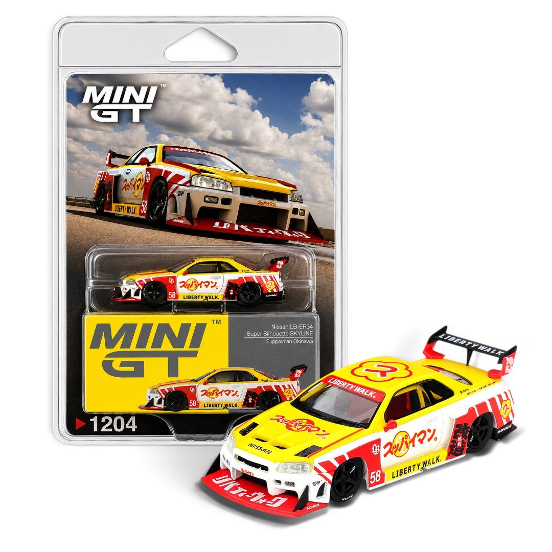 MINI GT 1:64  (Blister Pack) Nissan LB-ER34 Super Silhouette Skyline Suppaiman Okinawa #1204 Die-Cast Model Car