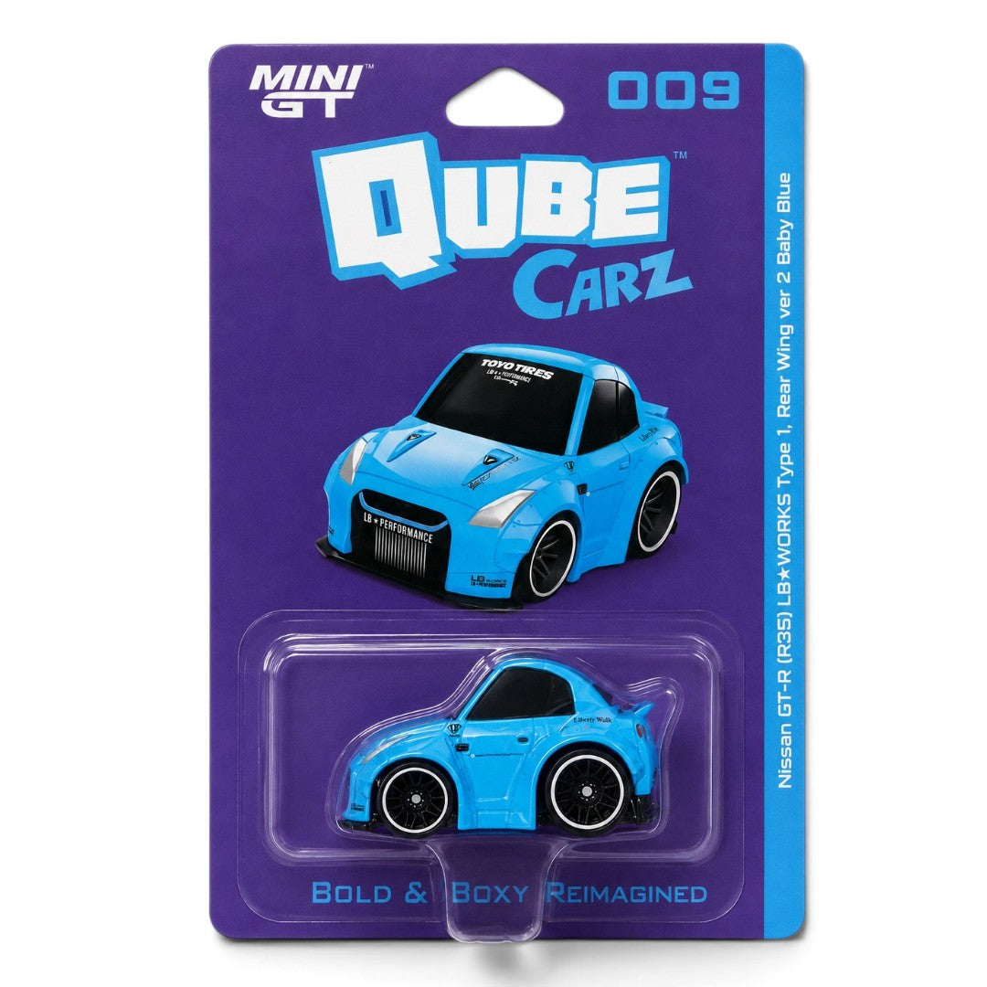 MINI GT 1:64 QubeCarz Nissan GT-R R35 LB Works Type 1 Rear Wing Ver. 2 Baby Blue Die-Cast Model Car