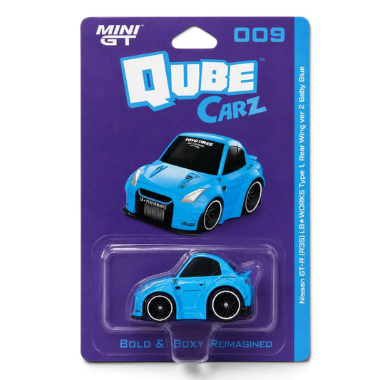 MINI GT 1:64 QubeCarz Nissan GT-R R35 LB Works Type 1 Rear Wing Ver. 2 Baby Blue Die-Cast Model Car