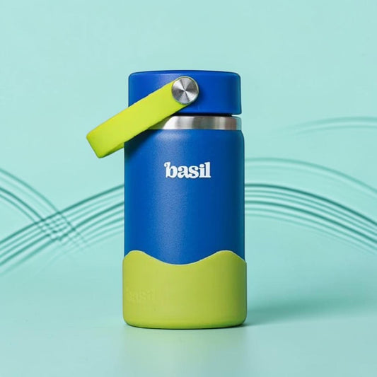 Basil Oasis 380ml Kids Stainless Steel Water Bottle with Flexible Carry Handle & Protective Silicone Base | 304 Stainless Steel | Blue & Green
