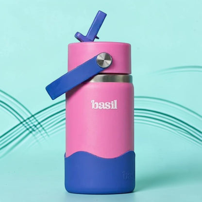 Basil Reef 380ml Kids Stainless Steel Water Bottle with Straw & Flexible Carry Handle | 304 Stainless Steel, Food-Grade Silicone Base | Pink