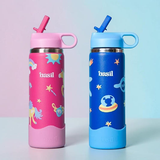 Basil 600ml Kids Stainless Steel Water Bottle with Straw & Carry Loop | 304 Stainless Steel, Food-Grade Silicone Base | Ages 7–12 Years