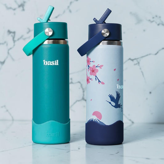 Basil 600ml Kids Stainless Steel Water Bottle with Straw & Carry Handle | 304 Stainless Steel, Food-Grade Silicone Base | Ages 7–12 Years