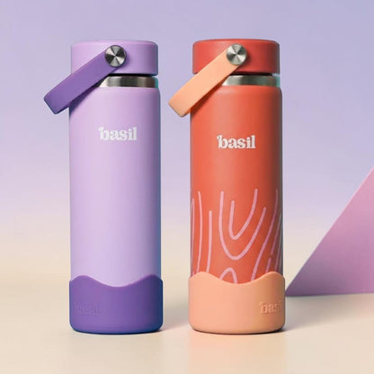 Basil 600ml Kids Stainless Steel Water Bottle with Carry Handle | 304 Stainless Steel, Food-Grade Silicone Base | Classic Lilac & Coral Swirl