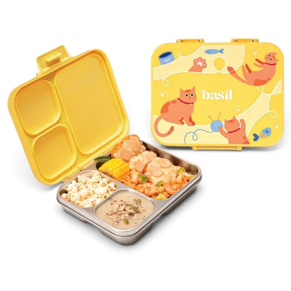 Basil 1000ml Stainless Steel Bento Lunch Box for Kids | 3-Section Leak-Proof Tiffin Box with Silicone-Sealed Lid | Wiggly Woof & Kitty Party