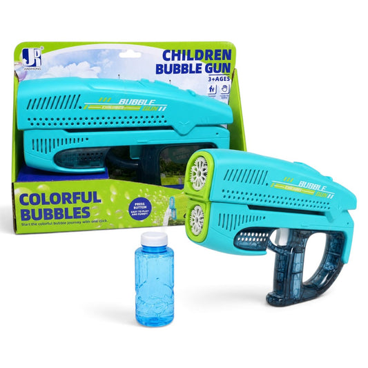Rechargeable Double Outlet Bubble Gun with Colourful Lights – Turquoise Blue Bubble Blaster for Kids 3+ Years