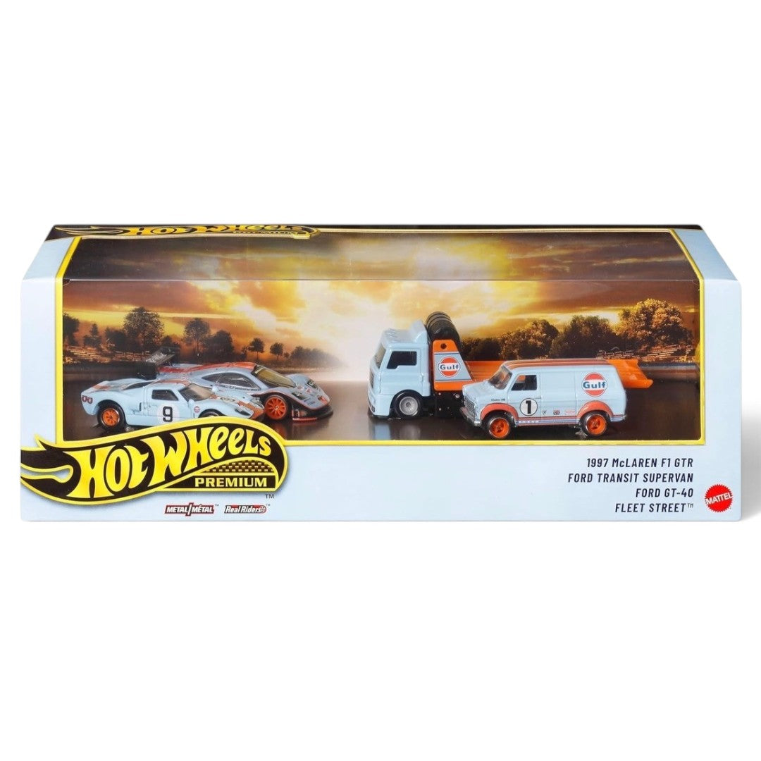 Hot Wheels Premium 1:64 Scale Gulf Racing Diorama Set of 4 | Collectible Die-Cast Cars with Real Riders