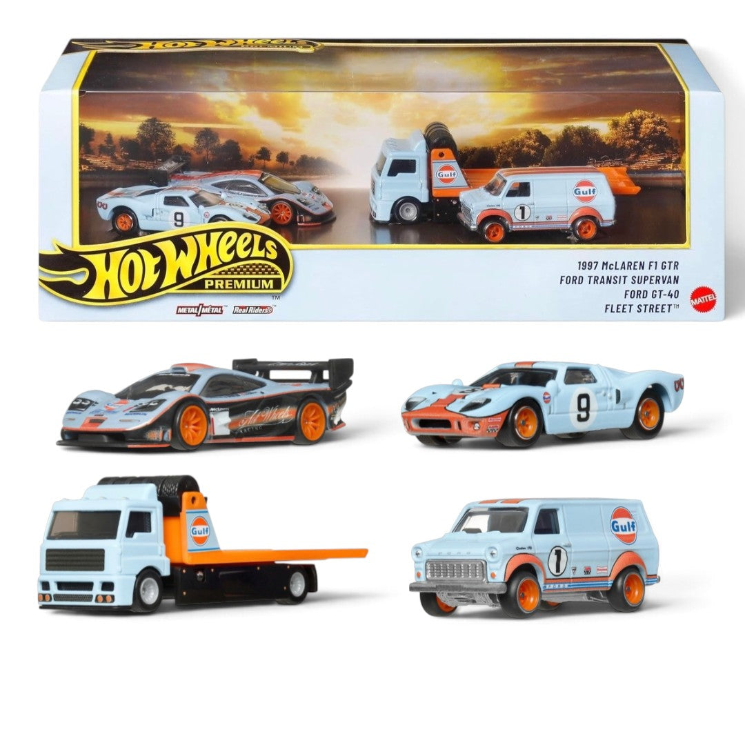 Hot Wheels Premium 1:64 Scale Gulf Racing Diorama Set of 4 | Collectible Die-Cast Cars with Real Riders