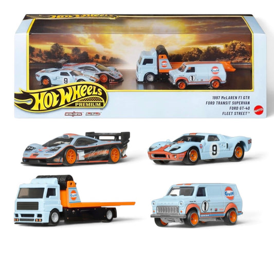 Hot Wheels Premium 1:64 Scale Gulf Racing Diorama Set of 4 | Collectible Die-Cast Cars with Real Riders
