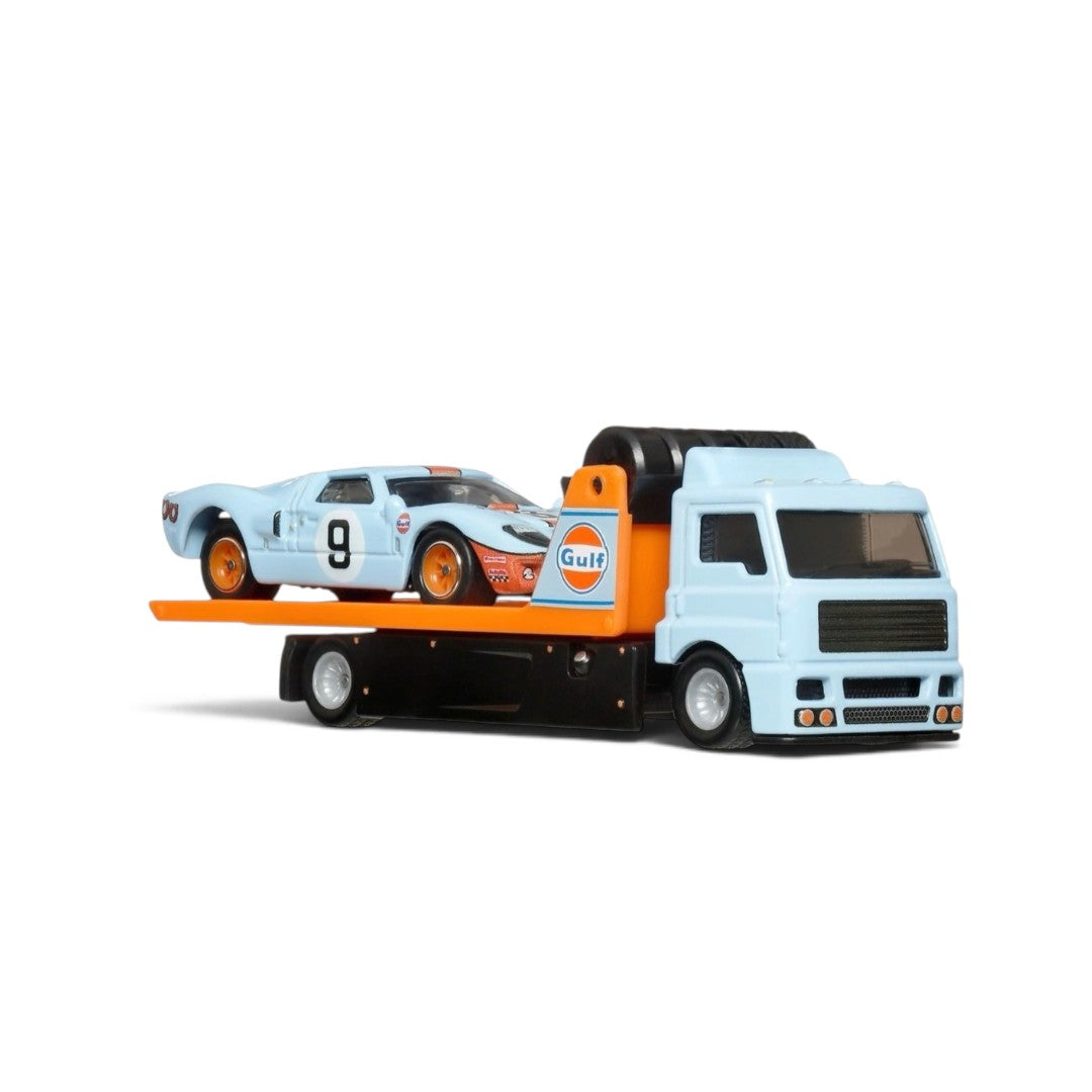 Hot Wheels Premium 1:64 Scale Gulf Racing Diorama Set of 4 | Collectible Die-Cast Cars with Real Riders