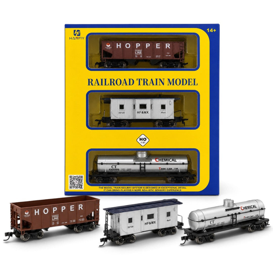 HANFIY 95012 HO Scale 1:87 Railroad Freight Train Model 3-Car Set – Hopper, HF&MX Rail Car & Chemical Tank Car | Collector Model | 14+